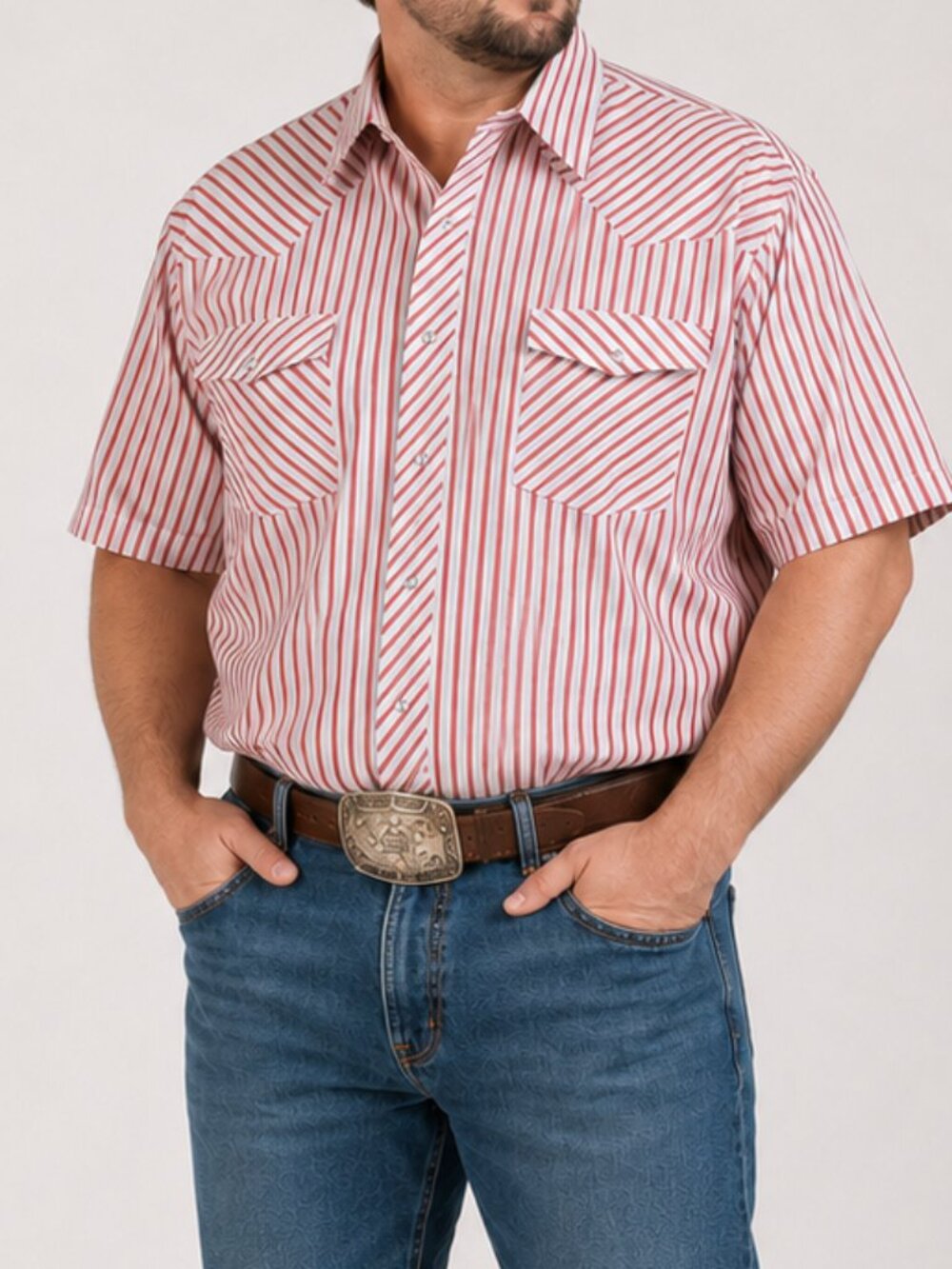 Wrangler Short Sleeve Red and White Stripe Pearl Snap Shirt - Men's XL